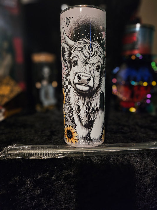 20 oz skinny tumbler Highland Cow and Sunflowers